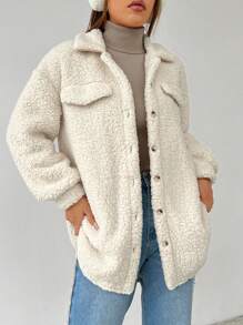 SHEIN PETITE Dropped Shoulder Flap Detail Teddy Fur Coat - Apricot - View 6