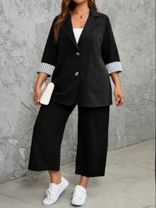 EMERY ROSE 加大码 2 件套：纯色拼接前扣中长袖上衣和长裤休闲装 - 黑色 - 查看 3