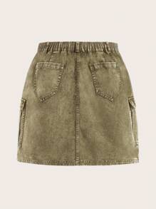 SHEIN EZwear Plus Size Women's Washed Denim Effect Pencil Skirt With Pockets - Army Green - View 3