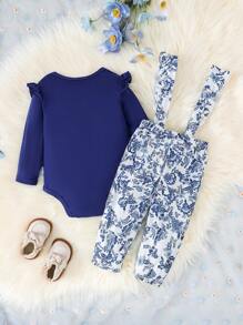 2 Stücke/Set Elegantes klassisches blaues & weißes Blumen Volant Hose Latzhose und Jumpsuit Outfit für Baby Mädchen, weicher & bequemer Stoff, super für Outdoor-Tragen