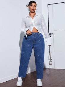 SHEIN ICON Plus Size Women's Rhinestone Decor Pockets Tapered Casual Loose Fit Jeans - Blue - View 3