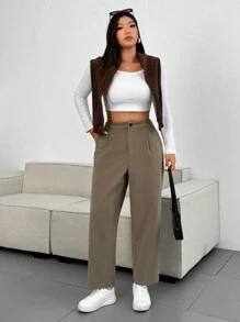 Flirla 适合办公室通勤的加大码卡其色修身九分裤 - 卡其色 - 查看 3