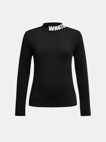 SHEIN 2 piezas Conjunto de niña preadolescente con camiseta de manga corta con estampado de letras y cuello negro, y pantalón de carga verde oliva