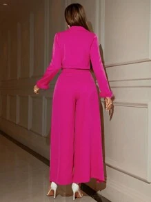 Zolique Traje de chaqueta y pantalón con abertura en el bajo, de unicolor, con solapa muescada y manga larga para mujer, para primavera y otoño - Rosa Fucsia - Ver 2
