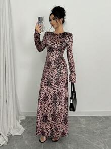 Chiquease 女式圆领长袖法式动物豹纹花卉长款休闲连衣裙 - 彩色 - 查看 3