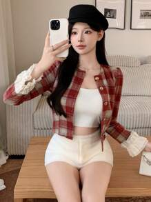 DAZY Chaqueta corta de manga larga con parches de encaje a cuadros para mujer, con volantes, ropa de otoño, ropa de vuelta al colegio