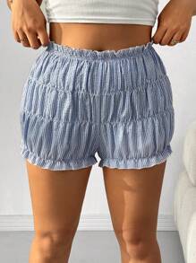 CovetEZ 大码女式格子荷叶边宽松短裤 - 藍白色 - 查看 3