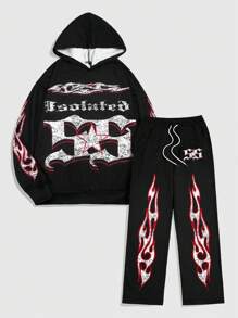 ROMWE MEN Street Life Letter Print Long Sleeve Hoodie Sweatshirt + Loose Drawstring Straight Leg Pants Set - Black - View 1