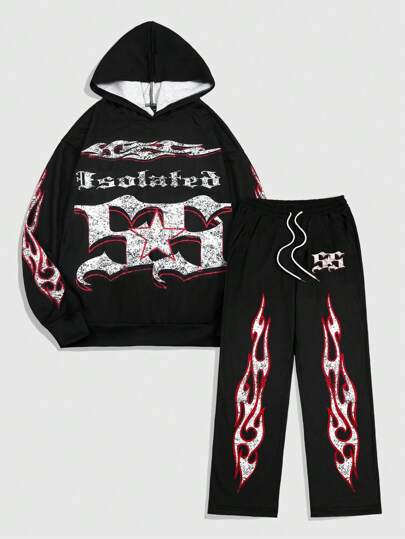 Street Life Letter Print Long Sleeve Hoodie Sweatshirt + Loose Drawstring Straight Leg Pants Set