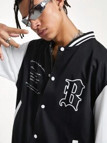 Manfinity NXTstreet Men's Woven Long Sleeve Baseball Jacket, For Fall Winter - Black and White - View 6