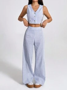 SHEIN PETITE Women's Striped Cropped Vest And Wide Leg Pants Suit - ازرق وابيض - مشاهدة 1