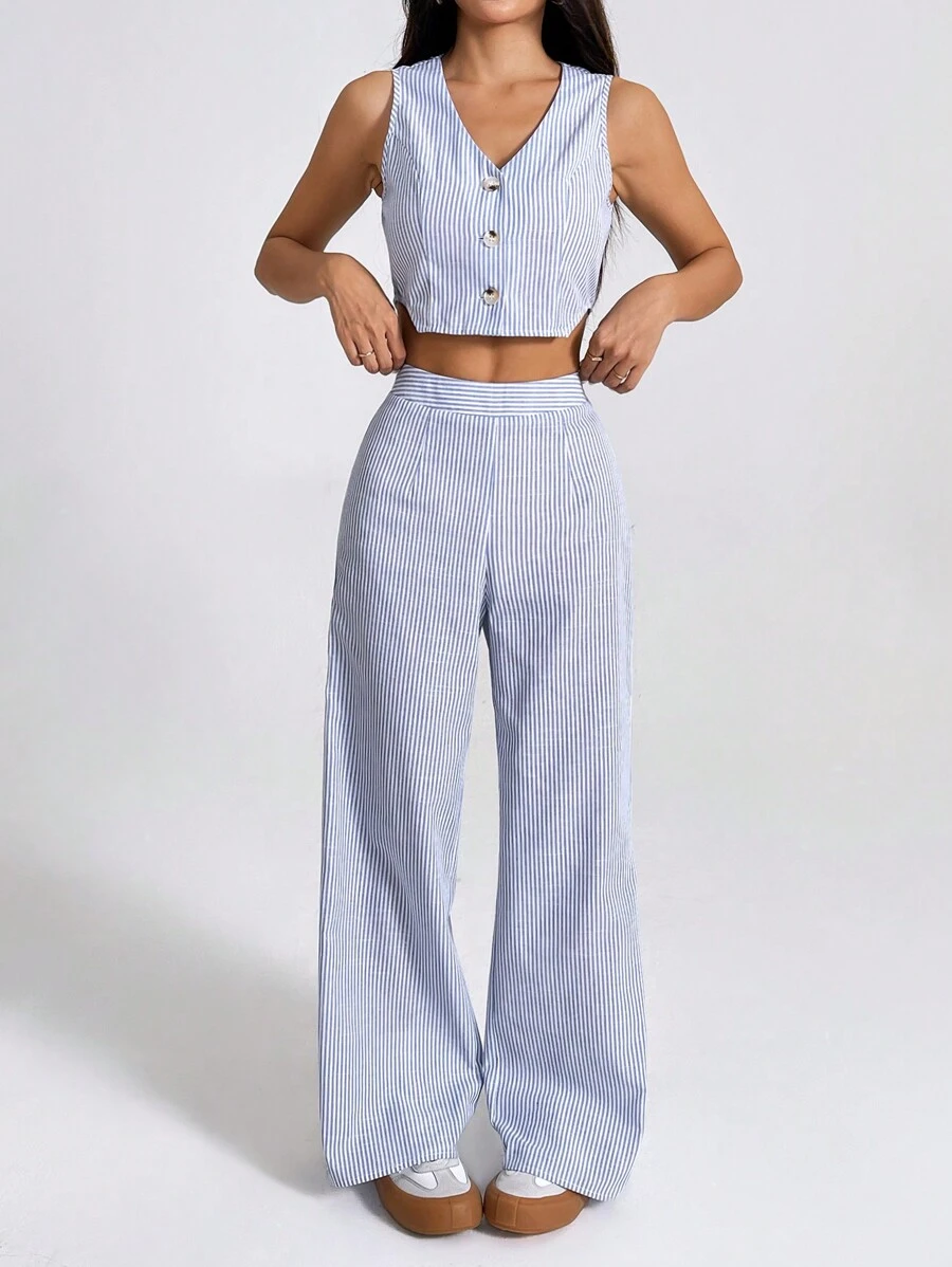 SHEIN PETITE Women's Striped Cropped Vest And Wide Leg Pants Suit - ازرق وابيض - مشاهدة 1