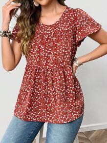 EMERY ROSE Ditsy Floral Print Butterfly Sleeve Peplum Blouse - Burgundy - View 5