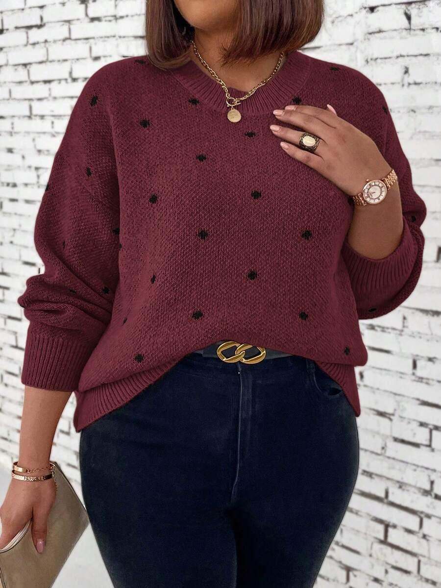Suéter holgado de manga larga con cuello en V y hombros caídos con estampado de lunares para mujer de talla grande, otoño/invierno - Burdeos - Ver 1