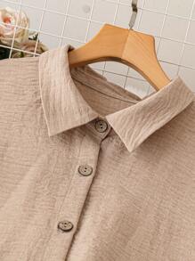 Conjunto de 2 piezas de talla grande con top de manga larga de unicolor con botones delanteros y shorts con lazo delantero - Albaricoque - Ver 3