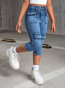 SHEIN Quần Capri túi lật thời trang Y2K Stonewashed Fit cho bé gái tuổi teen, Quần Jeans dạo phố thời trang thu đông cho bé gái tuổi teen - Rửa trung bình - Xem 3