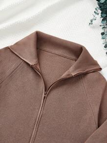 SHEIN LUNE Women's Fashionable Long Sleeve Double-Zip Cardigan Sweater In Fall/Winter - Brown - View 6