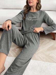RueChic 100% Cotton 2Pcs  Injection Slogan Printed Homewear Set - Grey - View 5