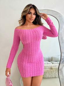 VaVaBold 女士纯色露肩镂空迷你连衣裙 - 玫紅色 - 查看 4