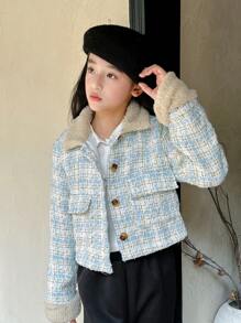 SHEIN Tween 女童蓬松领格子拼布长袖优雅粗花呢夹克，秋冬 - 藍色 - 查看 1