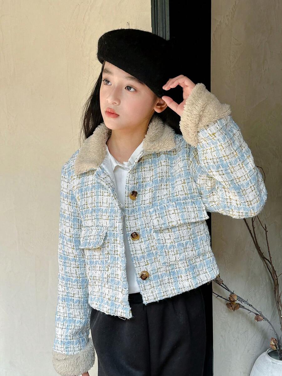 SHEIN Tween 女童蓬松领格子拼布长袖优雅粗花呢夹克，秋冬 - 藍色 - 查看 1