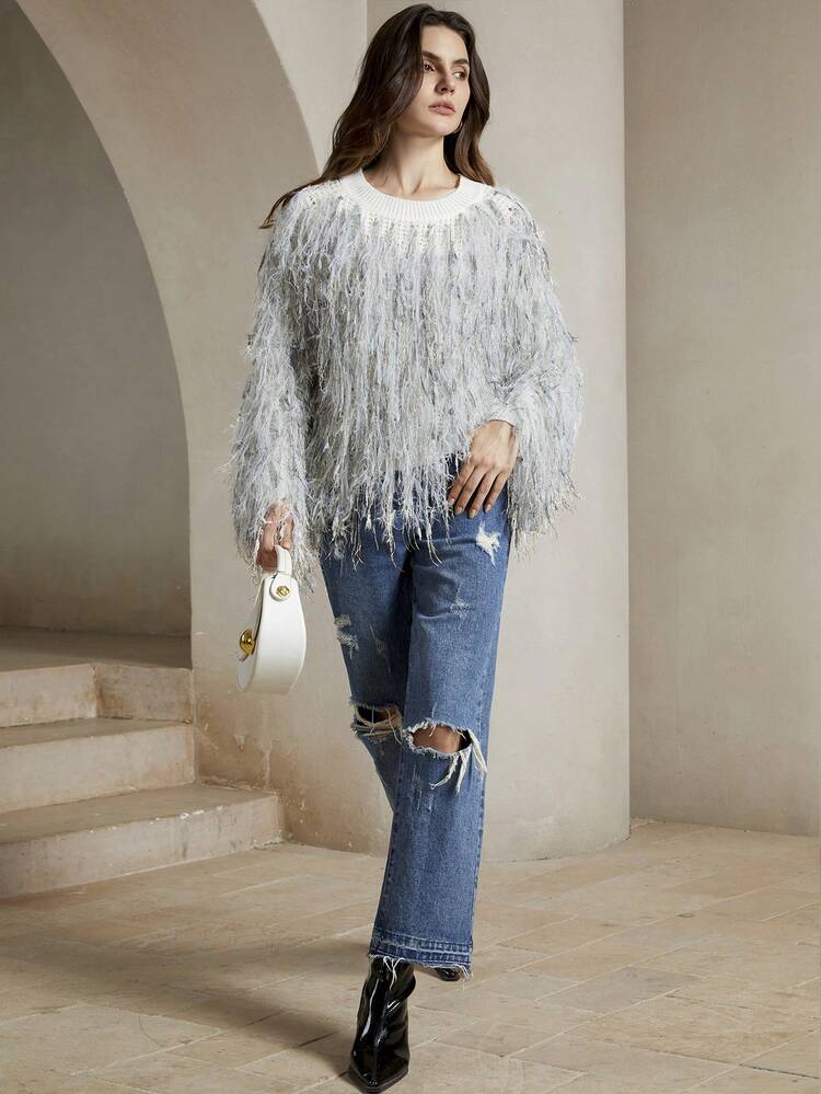 Faux Feather Knit Sweater, Casual Everyday Wear, Knit Pullover Fall Winter
