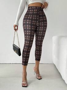 Zolique Plaid High-Waist Slim-Fit Pants - Brown - View 5