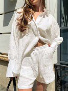 INAWLY 2pcs Women's Casual Solid Color Long Sleeve Shirt And Shorts Set, Spring Summer - White - View 1