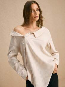 SHEIN Frenchy Blue And White Stripe Women Blouses Cotton Asymmetric Dropped Shoulder Khaki Lapel Shirt Fall Clothes Vintage Off Shoulder Top Casual Brunch Autumn - Apricot - View 2