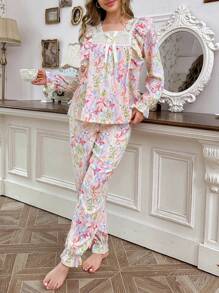 CottageSlumber Conjunto de pijama para mujer con cuello cuadrado con estampado floral, volantes, lazo y bajo con volantes, romántico y perfecto para vacaciones