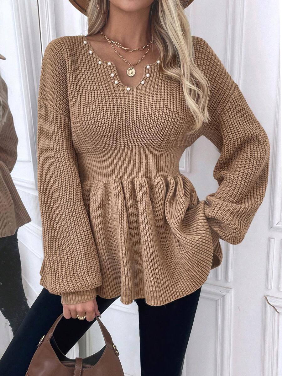 SHEIN Clasi Women's Solid Color V-Neck Faux Pearl Decor Drop Shoulder Long Sleeve Sweater, Autumn/Winter Knit Pullover Fall Outfit