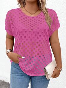 SHEIN LUNE Plus Size Women's Solid Color Round Neck Loose Casual Hollow-Out Short Sleeve Top, Summer