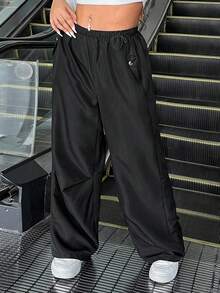 CovetEZ Pantalon décontracté de grande taille, couleur unie, taille avec cordon de serrage - Noir - Voir 6