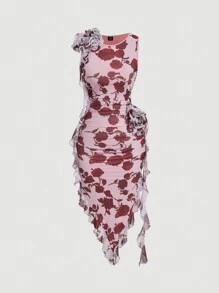 SHEIN MOD Plus Size Rose Floral Print Vintage Romantic Big 3D Floral Sleeveless Asymmetrical Hem Dress, Formal Dress, Prom Dress - Multicolor - View 1