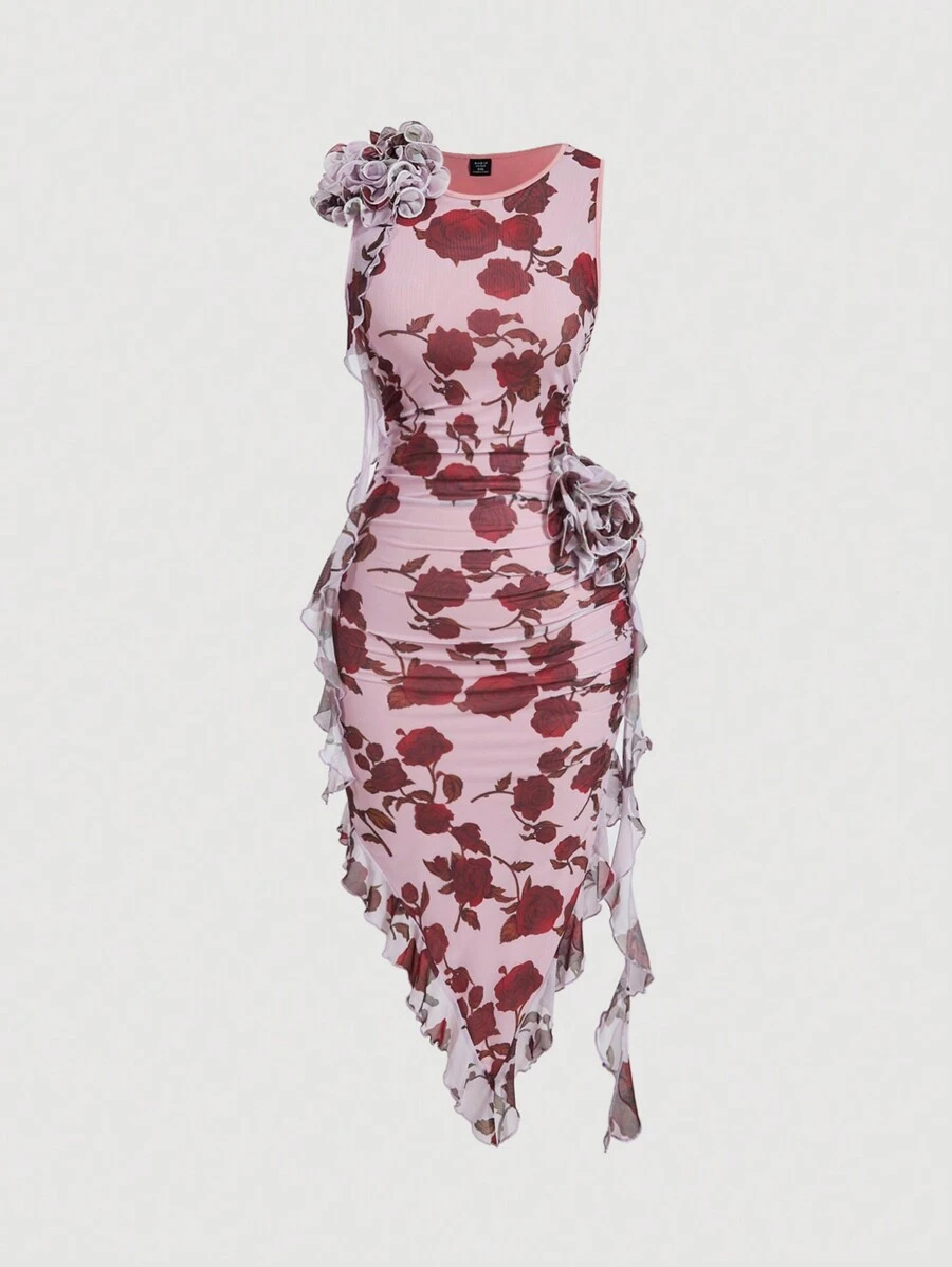 SHEIN MOD Plus Size Rose Floral Print Vintage Romantic Big 3D Floral Sleeveless Asymmetrical Hem Dress, Formal Dress, Prom Dress - Multicolor - View 1