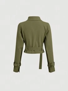 SHEIN MOD 女式卡其色短款休闲宽松夹克（配腰带）、秋季外套、秋季大衣、秋装、巡航女装、返校 - 軍綠色 - 查看 2
