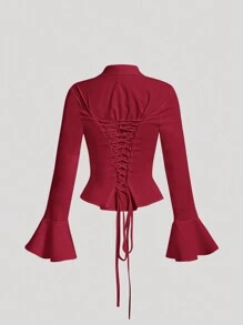 SHEIN MOD Solid Ruched Front Flare Sleeve Slim Fit Shirt - Burgundy - View 2