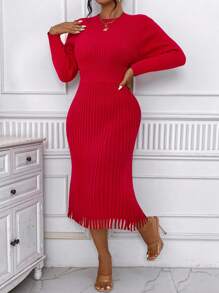 Celure Vestido suéter largo de manga larga con cuello redondo, cintura plisada y ajuste elegante de unicolor para mujeres de talla grande, para ropa de Año Nuevo
