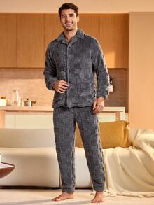 2 pièces Ensemble de pyjama homme avec chemise à manches longues et boutons devant et pantalon, couleur unie - Gris foncé - Voir 5