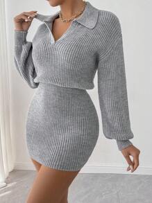 女式纯色翻领落肩长袖短款优雅毛衣裙，秋冬 - 灰色 - 查看 3