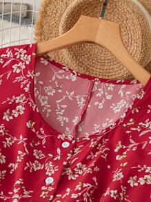 GlowEve 碎花纽扣前中长连衣裙，适合新年服装，长款女装 - 紅色 - 查看 3