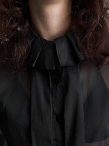 Ontre 黑色褶饰领半透明修身办公室优雅女士衬衫简约设计优雅 - 黑色 - 查看 6
