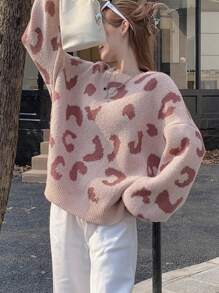 DAZY Suéter de punto con cuello redondo y estampado de leopardo, de corte holgado para mujer, ropa de mujer para otoño