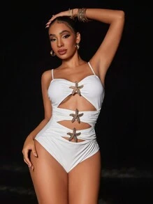Swim Vcay Đồ bơi liền màu hình ngôi sao rỗng mùa hè - trắng - Xem 8