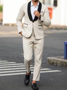 Manfinity Mode Men's Color Block Lapel Long Sleeve Single-Breasted Suit Jacket And Pants Business Casual Outfit, Spring Autumn