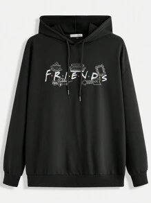FRIENDS X SHEIN Men's Casual Letter Printed Dropped Shoulder Drawstring Hooded Sweatshirt, Spring And Autumn, Long Sleeve Top