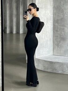 DAZY Women's Mid-Length Square Neck Long Sleeve Bodycon Slim Fit Dress - Black - View 4