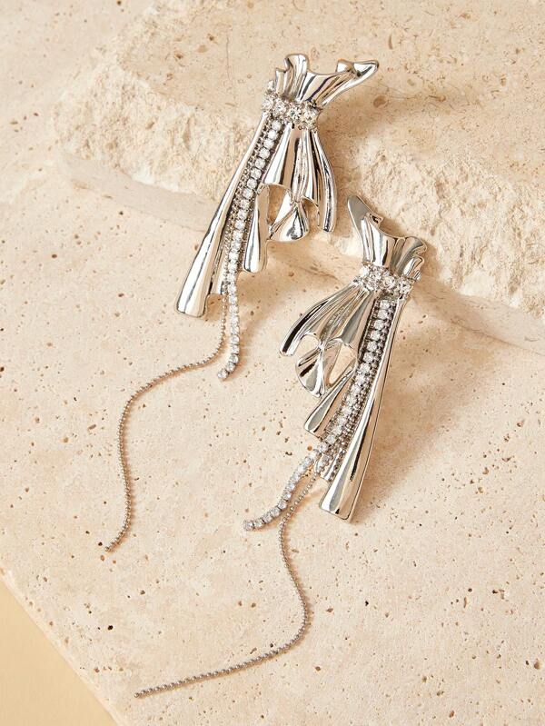 SHEIN White Plated Bowknot Micro-Inlaid Zirconia Tassel Earrings
