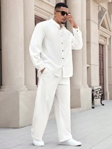 Manfinity CasualMax 大码男士纯色长袖衬衫和裤子套装，春秋 - 白色 - 查看 4
