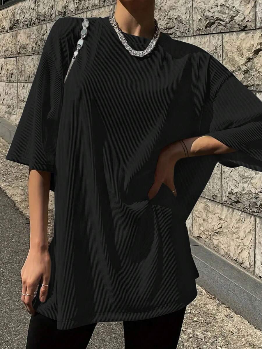 INAWLY 女士夏季圓領寬鬆休閒T恤，下落袖袖型單色設計 - 黑色 - 查看 1